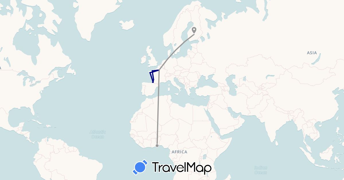 TravelMap itinerary: driving, plane in Finland, France, Togo (Africa, Europe)
